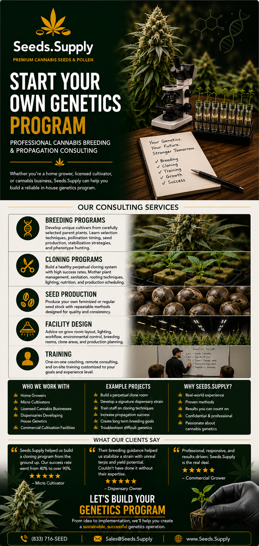 Seeds.Supply cannabis genetics consulting flyer featuring breeding, cloning, seed production, facility design, and training services.
